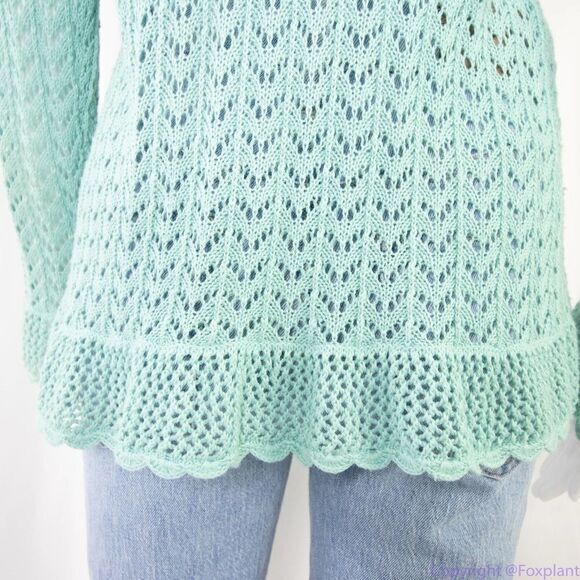 Pointelle green linen cotton blend cardigan sweater, size M - Picture 9 of 16